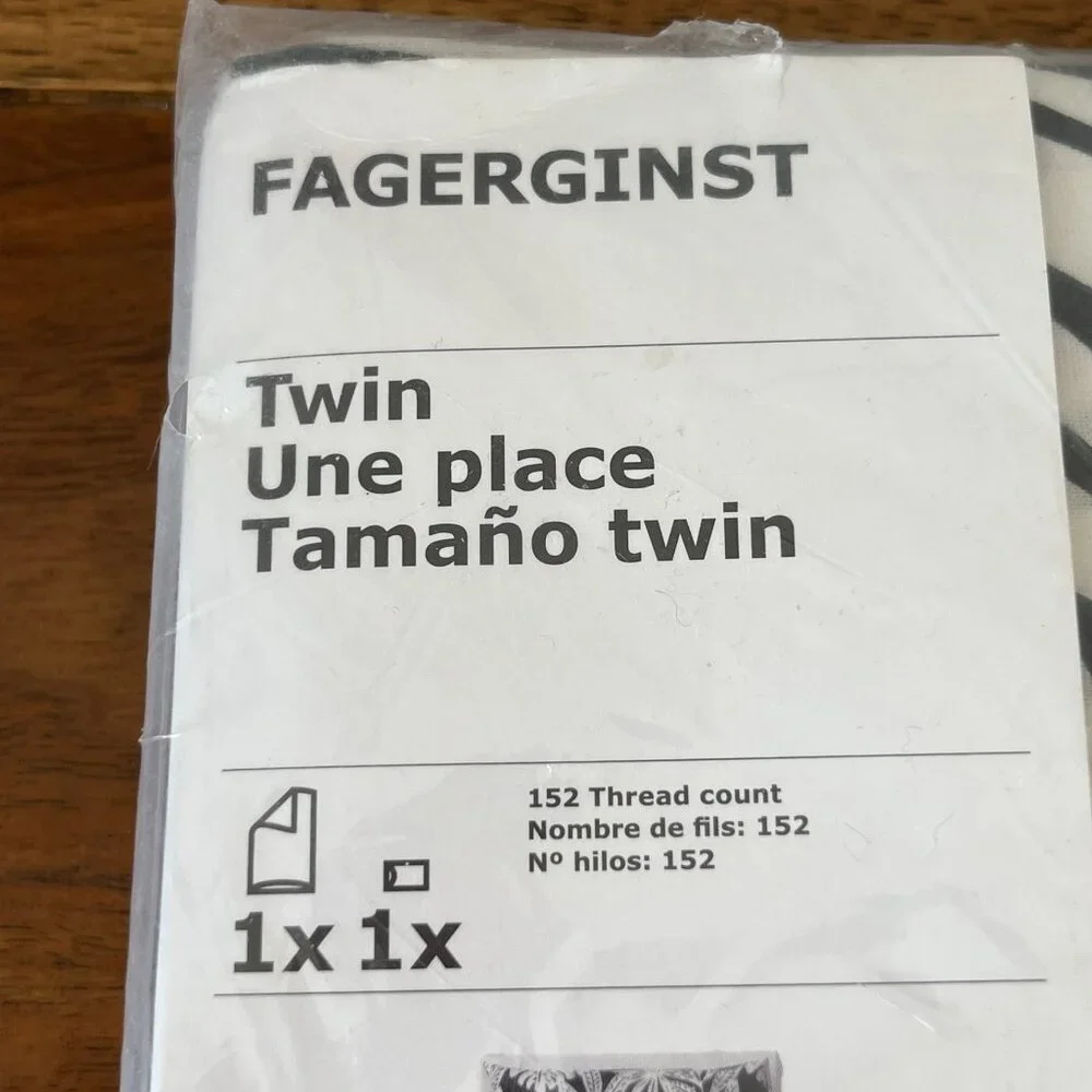New IKEA Fagerginst Twin Duvet Cover & Pillowcase Set Black White Leaf Cotton
